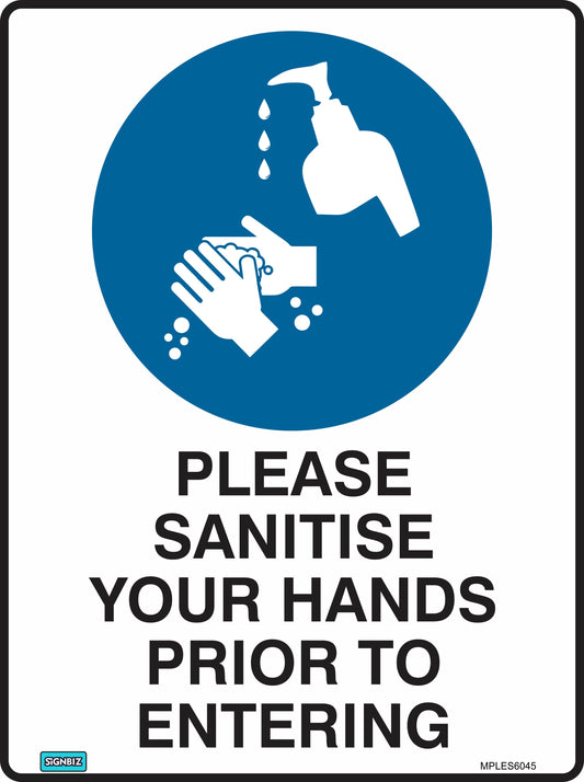 The Mand Pls Sanitise Hands Prior sign is a blue and white safety notice showing hand sanitization and the message "PLEASE SANITISE YOUR HANDS PRIOR TO ENTERING," compliant with Australian standards.