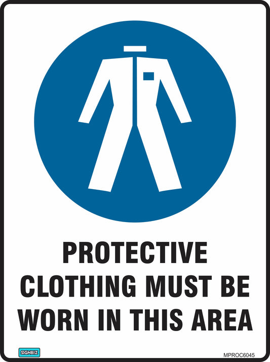 A sign reading "Mandatory Protective Clothing" with a blue circle showing a protective suit, used as a workplace safety requirement indicating that protective clothing must be worn in designated areas.