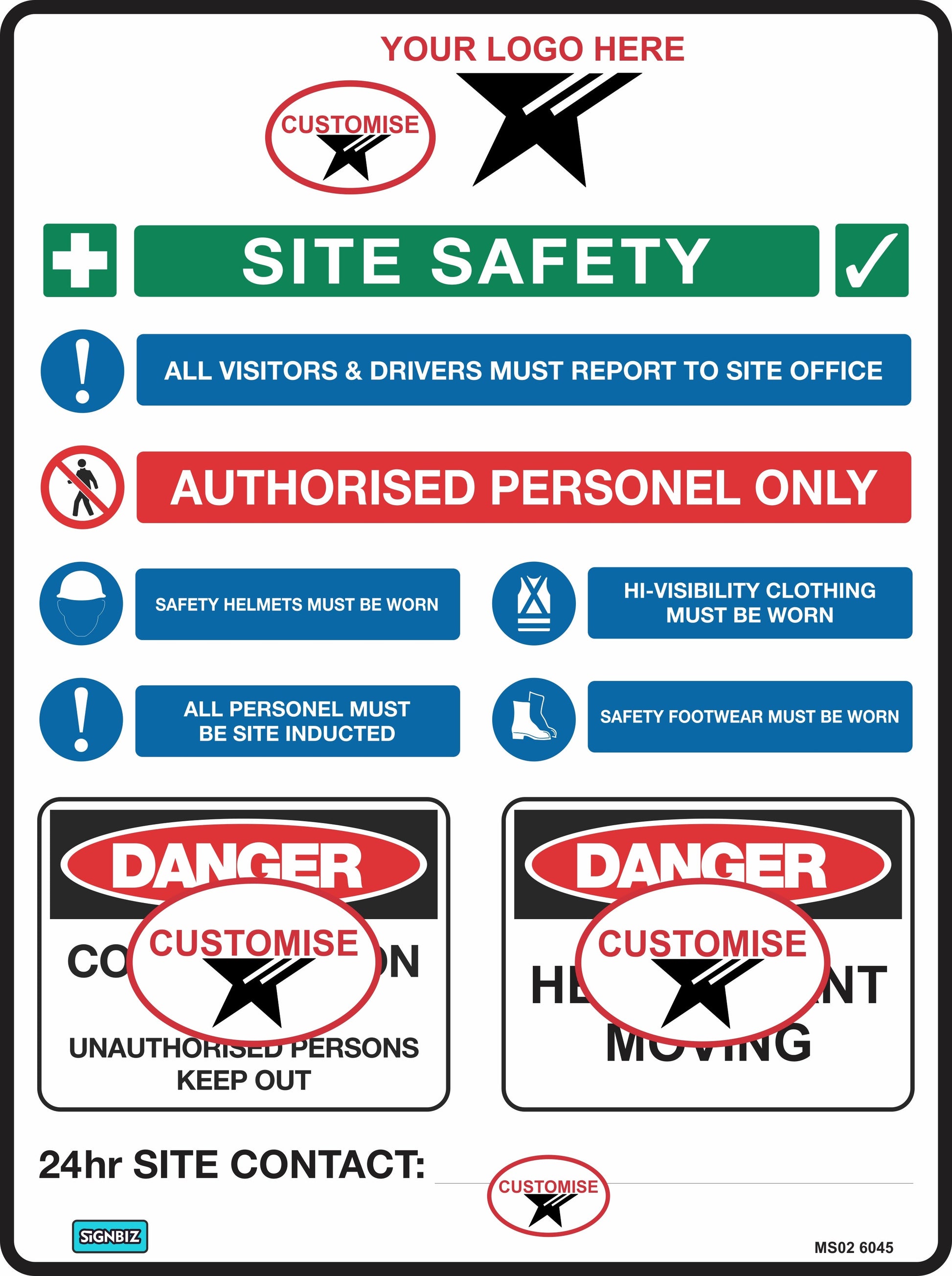 The Mandatory Multi Safety Sign Customised displays visitor and worker instructions, PPE symbols, authorised access warnings, plus blank sections for your logo or contact info. It complies with Australian Standards for construction site safety.