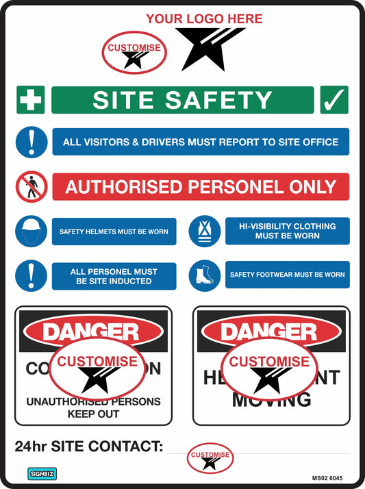 The Mandatory Multi Safety Sign Customised displays visitor and worker instructions, PPE symbols, authorised access warnings, plus blank sections for your logo or contact info. It complies with Australian Standards for construction site safety.