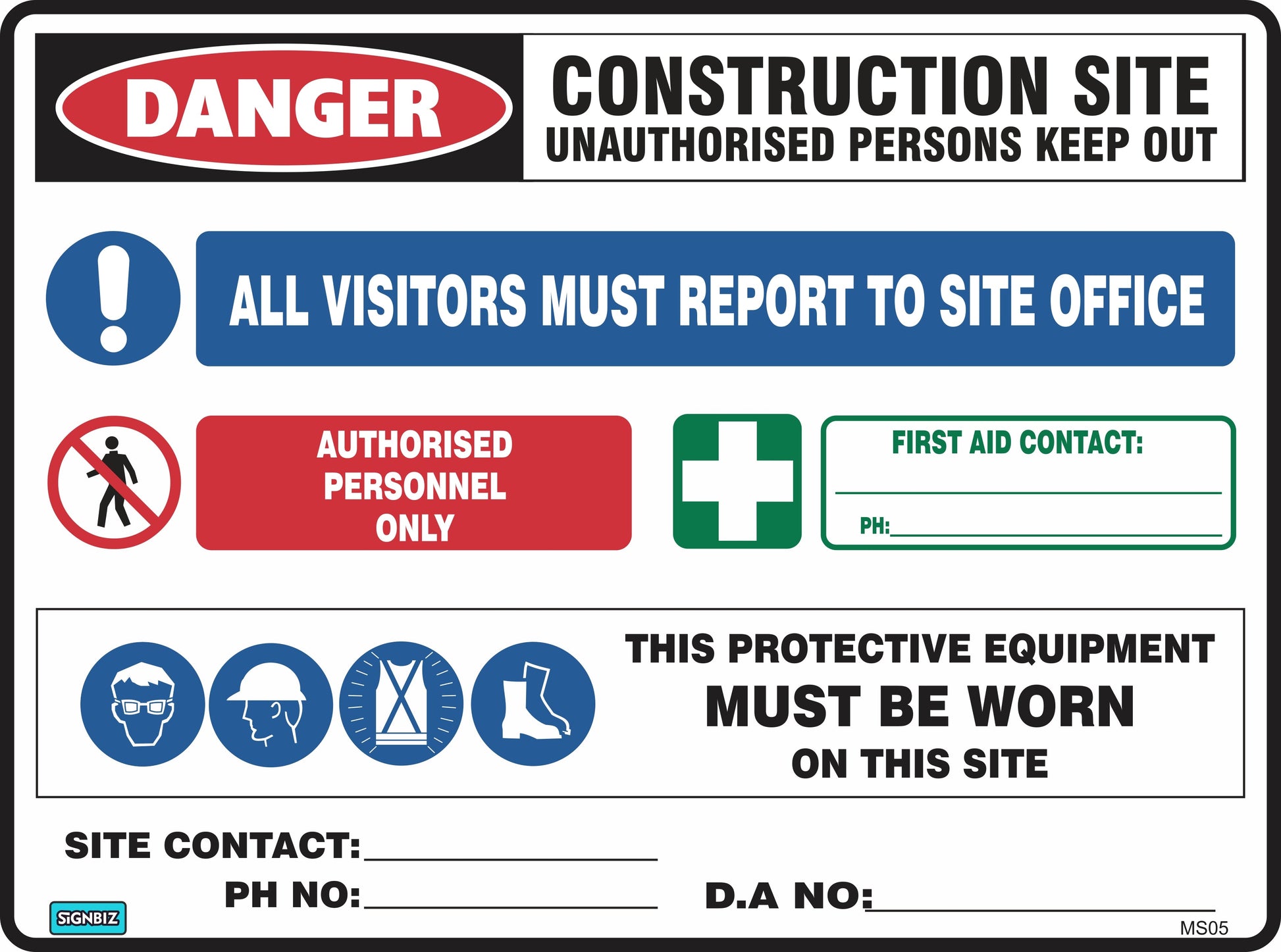 The Mandatory Multi Safety Sign Danger, compliant with AS/NZS 1319, warns unauthorized persons, requires visitor reporting, restricts access to authorized personnel, displays PPE symbols, and provides first aid and emergency contact spaces.