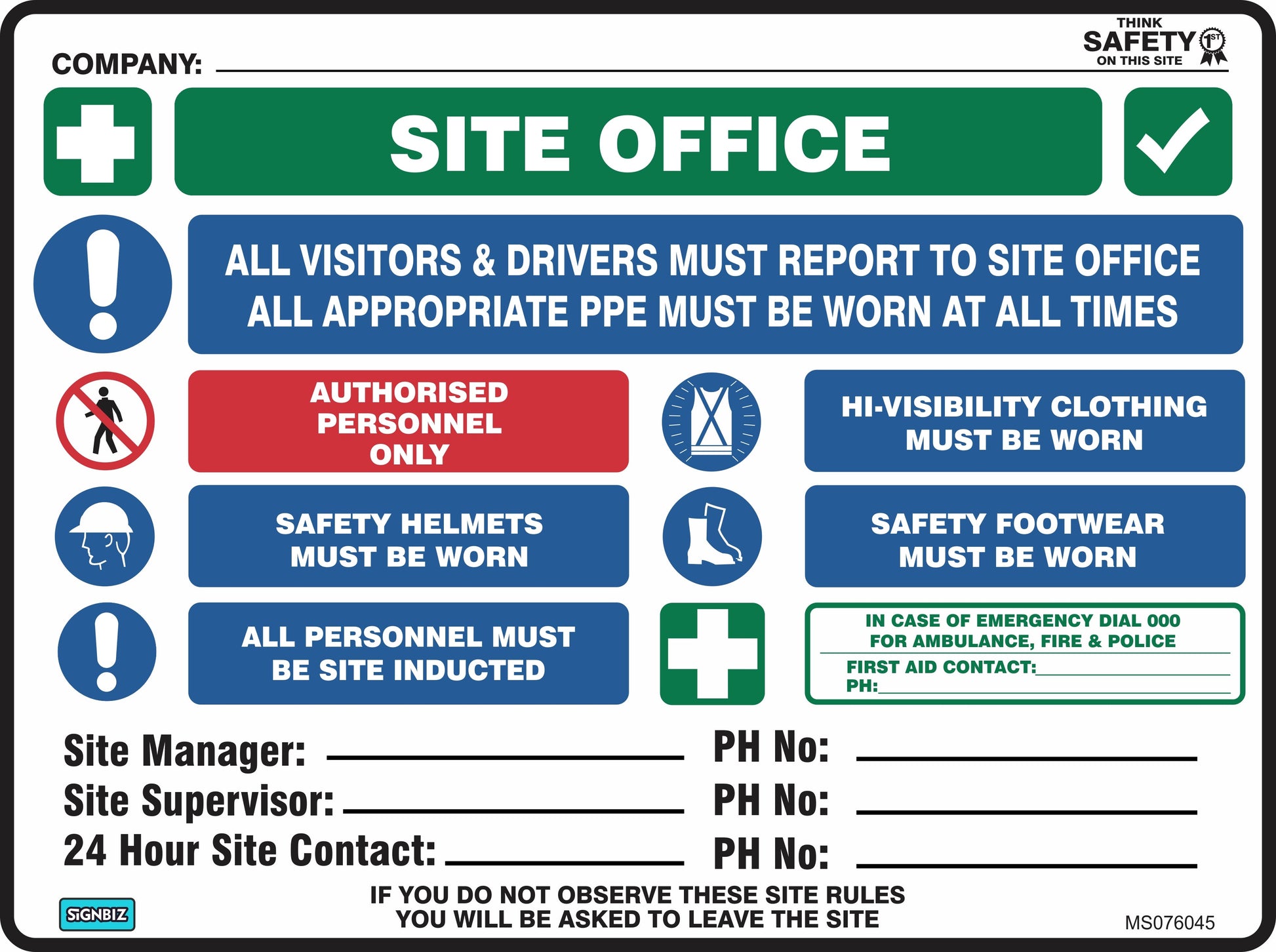 The Mandatory Multi Safety Sign Site Office meets Australian Standards, listing rules: report to site office, wear PPE, safety helmets, hi-vis clothing, and safety footwear. For authorized personnel only; site induction and contact/emergency details included.