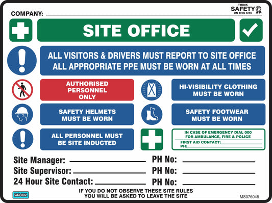 The Mandatory Multi Safety Sign Site Office meets Australian Standards, listing rules: report to site office, wear PPE, safety helmets, hi-vis clothing, and safety footwear. For authorized personnel only; site induction and contact/emergency details included.