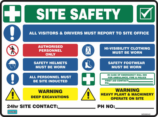 The Mandatory Multi Safety Sign Warning displays essential site safety messages: report to office, authorised personnel only, hi-vis clothing, helmets and boots required, induction needed, deep excavation and heavy machinery hazards, plus contact info.