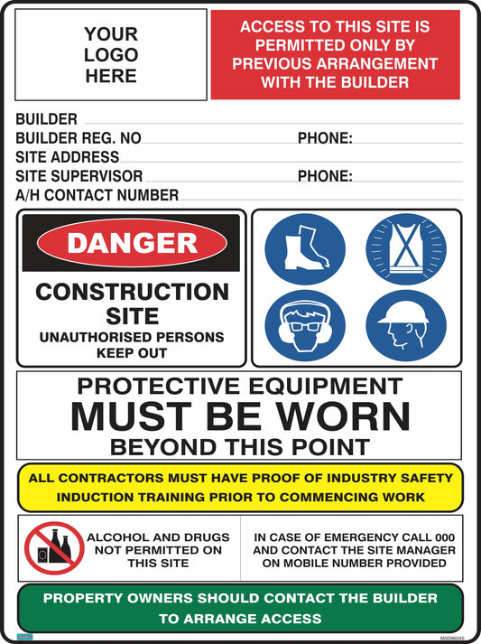 The Mandatory Multi Safety Sign Portrait meets Australian standards and displays clear safety notices, builder details, required protective gear icons, plus strict access instructions for workers and visitors.