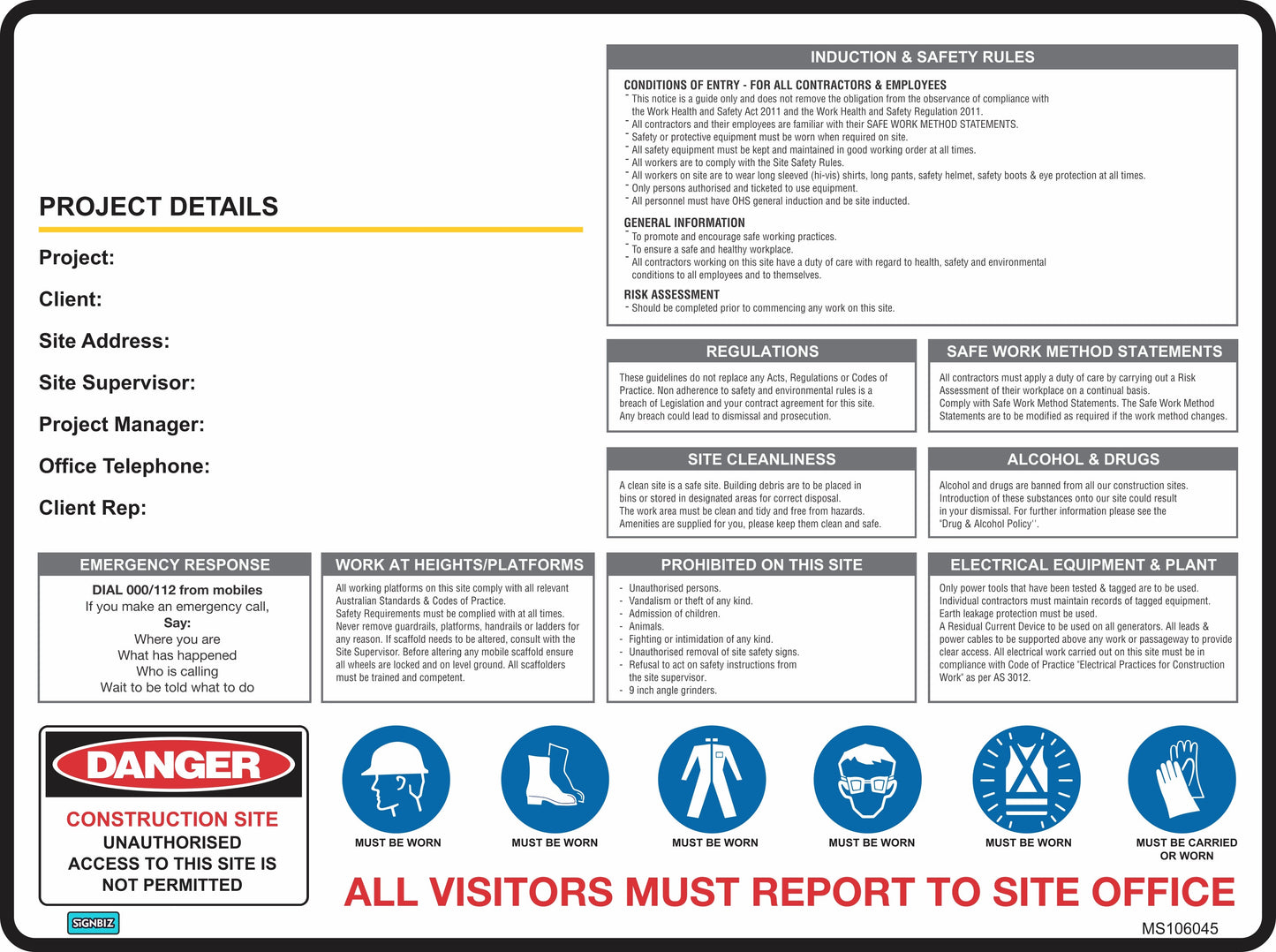 The Mandatory Multi Safety Sign Project Details meets Australian Standards, displaying project info, safety rules, emergency contacts, PPE icons, and warnings. "ALL VISITORS MUST REPORT TO SITE OFFICE" appears in red to ensure site compliance.