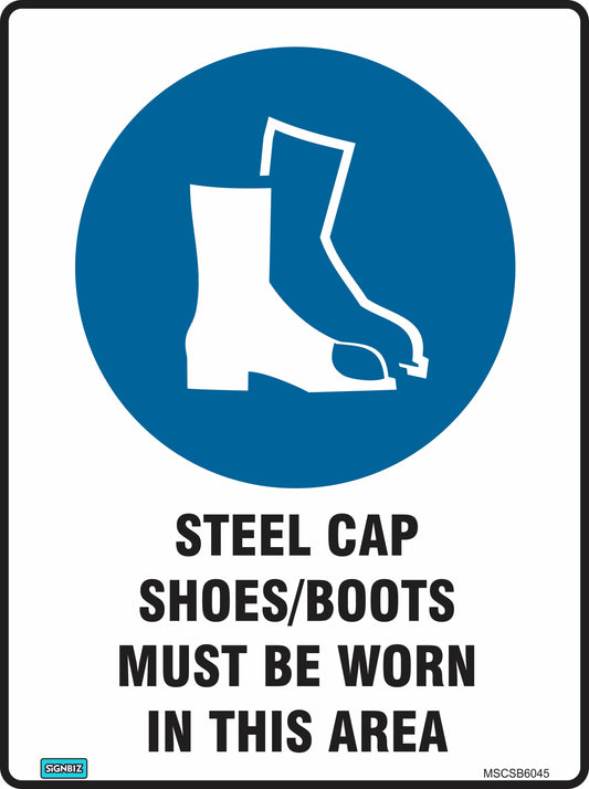 The Mandatory Steel Caps Req sign displays a steel cap boots icon in a blue circle with the message "Steel cap shoes/boots must be worn in this area," emphasizing workplace safety requirements.