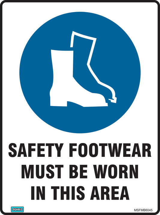 The Mand Safety Footwear Must Be Worn sign features a safety boots icon in a blue circle above bold text, clearly indicating that wearing safety footwear is mandatory in the area.
