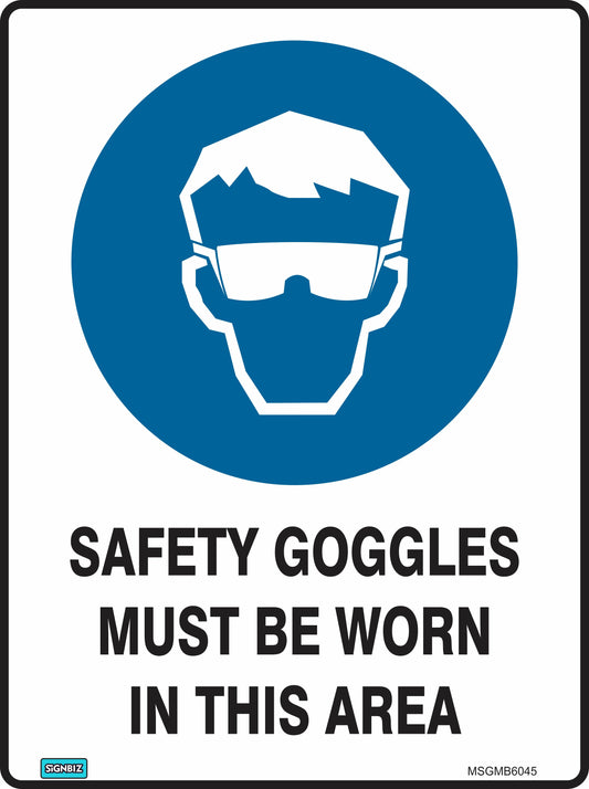 The "Mand Safety Goggles Must Be Worn" sign features a blue circle with a person wearing goggles and the message: "SAFETY GOGGLES MUST BE WORN IN THIS AREA," emphasizing the necessity of mandatory eye protection.