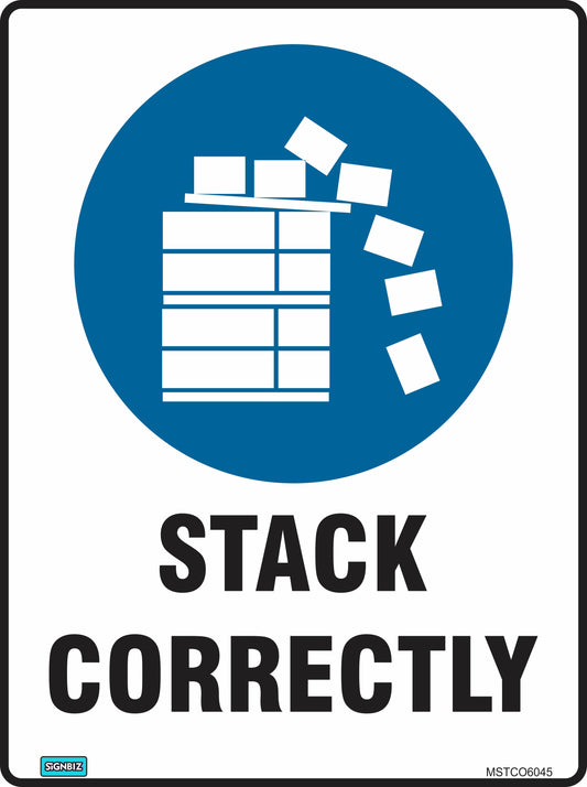 The "Mandatory Stack Correctly" safety sign depicts boxes falling from an uneven stack, with the instruction "STACK CORRECTLY" in bold black letters displayed below the image.
