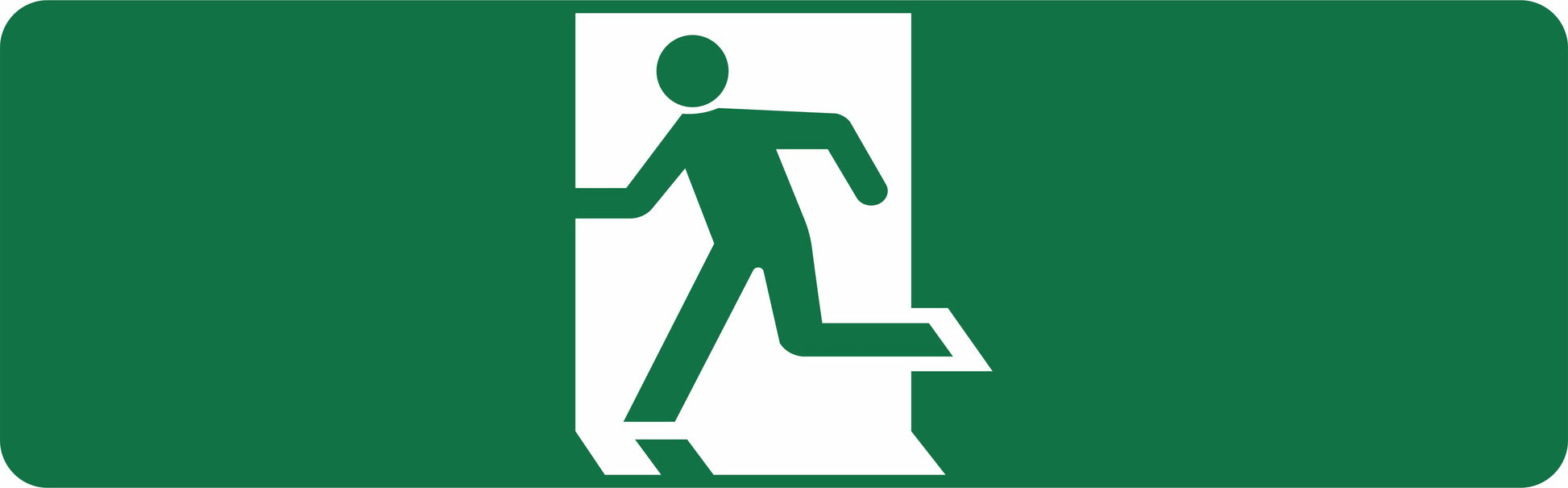The EXIT SIGN - RUNNING MAN RIGHT is a 450mm x 150mm green rectangular emergency exit sign with a white running man pictogram and a right-pointing arrow showing the direction of the exit.