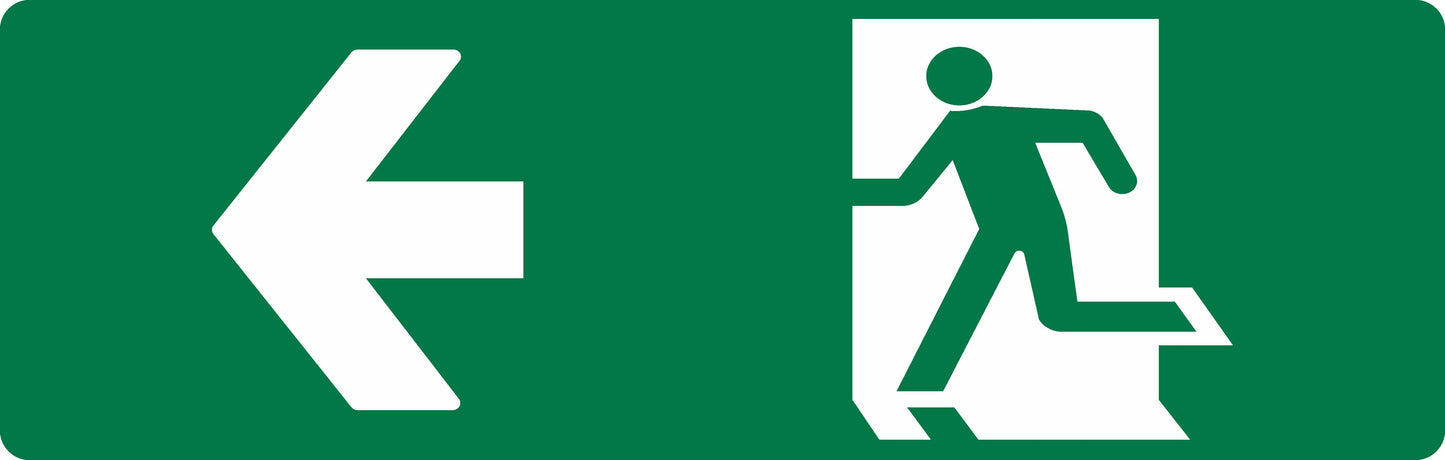 The EXIT SIGN - RUNNING MAN LEFT + ARROW is a green emergency exit sign with a white left-pointing arrow and running figure, measuring 450mm x 150mm.
