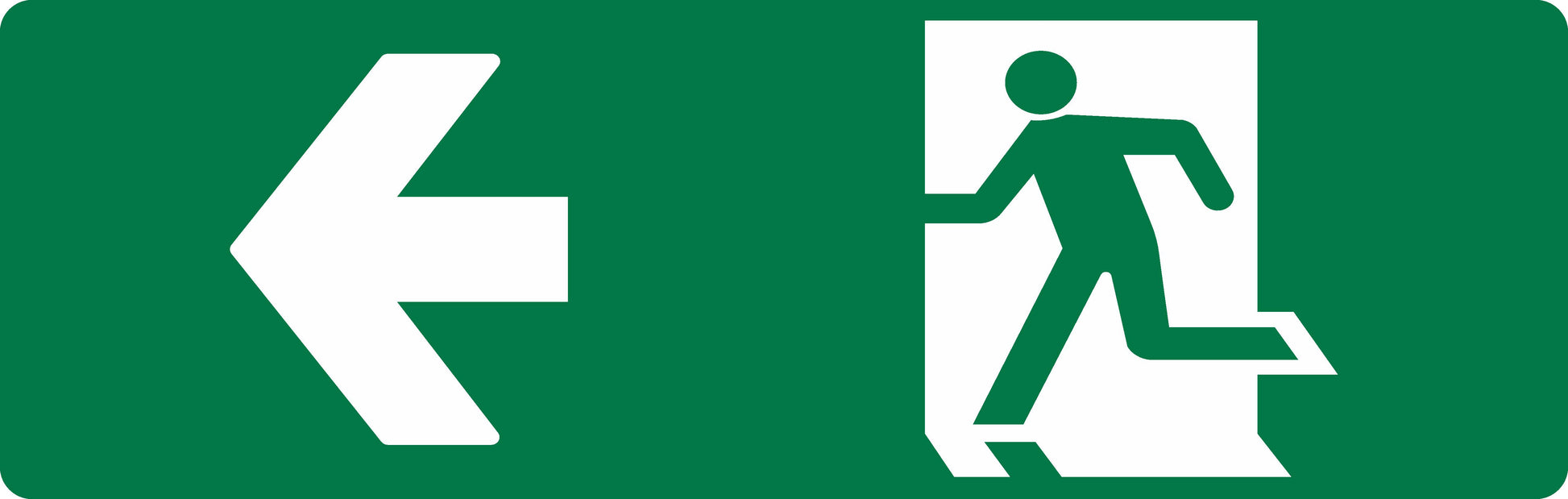 The EXIT SIGN - RUNNING MAN LEFT + ARROW is a green emergency exit sign with a white left-pointing arrow and running figure, measuring 450mm x 150mm.