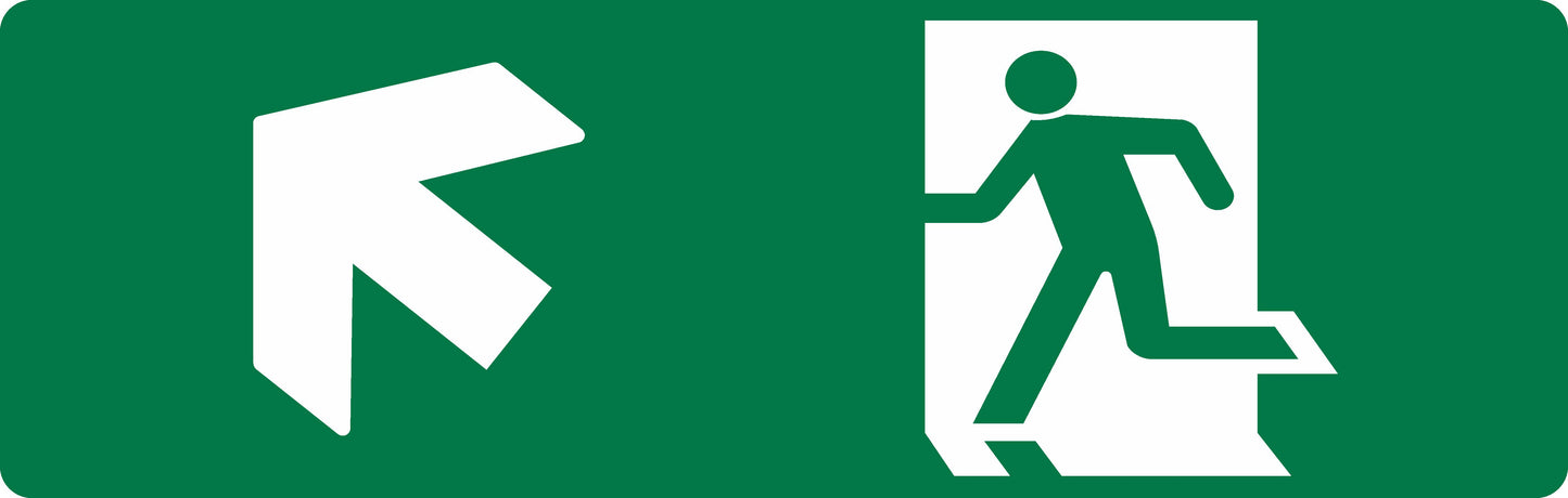 The EXIT SIGN - RUNNING MAN LEFT + UP ARROW is a green 450mm x 150mm emergency exit sign with a white running man and arrow pointing diagonally up left, clearly indicating the exit direction.