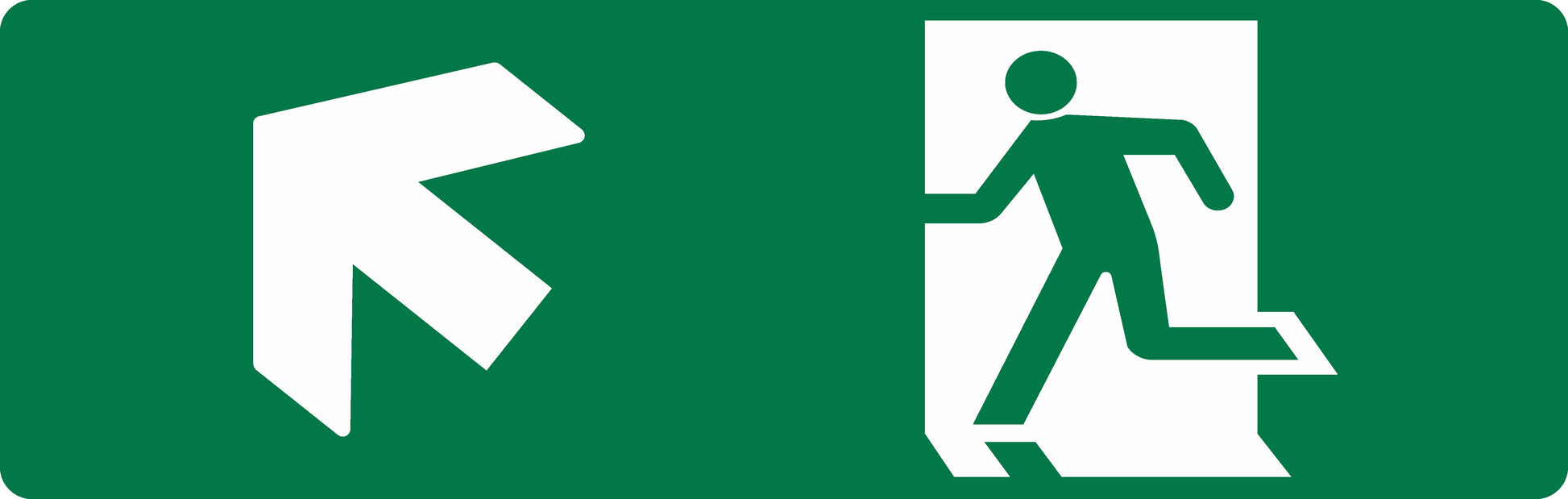 The EXIT SIGN - RUNNING MAN LEFT + UP ARROW is a green 450mm x 150mm emergency exit sign with a white running man and arrow pointing diagonally up left, clearly indicating the exit direction.