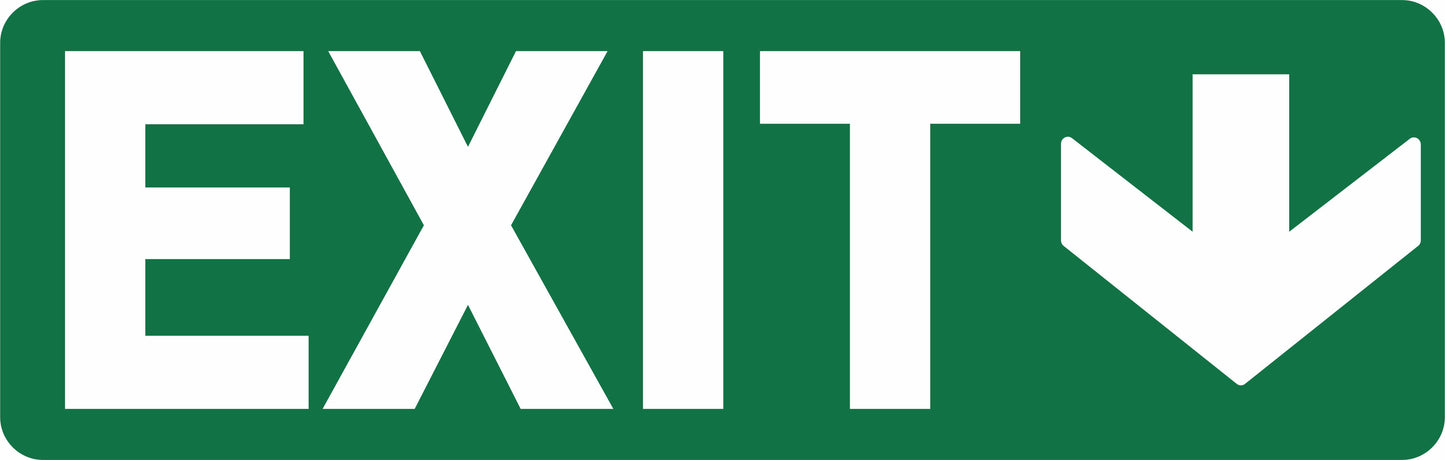 The EXIT SIGN - EXIT DOWN is a green 450mm x 150mm sign featuring "EXIT" in large white letters and a white arrow pointing down and to the right.