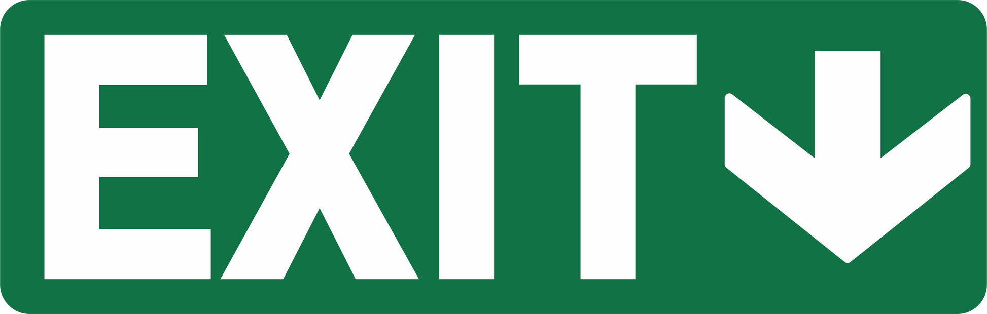 The EXIT SIGN - EXIT DOWN is a green 450mm x 150mm sign featuring "EXIT" in large white letters and a white arrow pointing down and to the right.