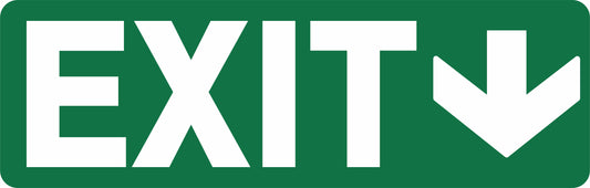 The EXIT SIGN - EXIT DOWN is a green 450mm x 150mm sign featuring "EXIT" in large white letters and a white arrow pointing down and to the right.
