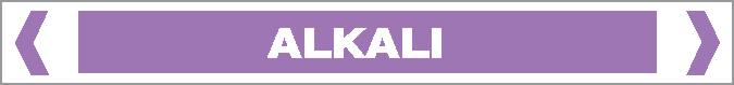 A rectangular purple pipe marker labeled "ALKALI" in bold white capitals at the center, bordered by a white and gray outline with angled brackets on each side. Product Name: Pipe Marker - ACID / ALKALI - ALKALI.