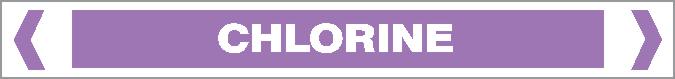 A rectangular sign labeled "CHLORINE" in bold white uppercase letters, with a light purple background, white border, and angled brackets on each end. Product: Pipe Marker - ACID / ALKALI - CHLORINE.