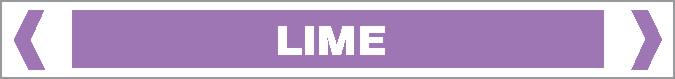 A purple rectangular pipe marker with white borders and arrows on each end displays "ACID / ALKALI - LIME" in bold, white, uppercase letters at the center.