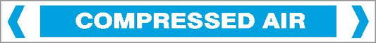 The Pipe Marker - Air - Compressed Air is a blue and white sign displaying "COMPRESSED AIR" in bold capitals, with two white arrows pointing outward on each side.