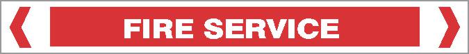 A red rectangular pipe marker labeled "FIRE - FIRE SERVICE" in white text, featuring white arrows on both ends pointing inward.