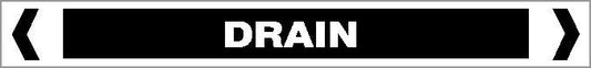 A black rectangular Pipe Marker labeled "DRAIN" in bold white capitals, centered between white angle brackets, for marking OTHER LIQUID pipes.