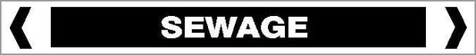 The Pipe Marker - OTHER LIQUID - SEWAGE is a rectangular black sign with "SEWAGE" in bold white capitals centered, flanked by inward-pointing white arrows on each side.