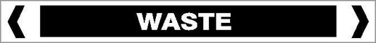 A rectangular Pipe Marker - OTHER LIQUID - WASTE sign with a black background, bold white "WASTE" text, and white chevrons on each side.