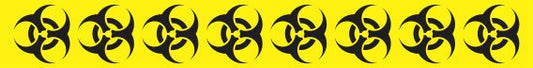 A row of eight black biohazard symbols, evenly spaced on yellow, decorates the Pipe Marker - SS BIO HAZARD SUPP MARKERS REF.