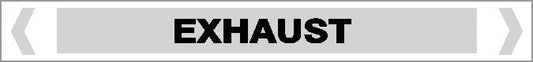 A rectangular Pipe Marker labeled "STEAM - EXHAUST" features a gray background, bold black capital letters, thin gray borders, and arrows pointing left and right.
