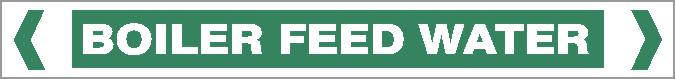 The Pipe Marker - WATER - BOILER FEED WATER is a green rectangular sign with white all-capital text reading "BOILER FEED WATER," bordered by white angled brackets at each end.