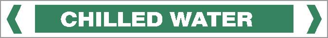 A Pipe Marker - WATER - CHILLED WATER is a green rectangular sign with white all-caps text reading "CHILLED WATER," bordered by white brackets on both sides.