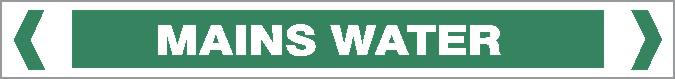 The Pipe Marker - WATER - MAINS WATER is a green sign with "MAINS WATER" in white uppercase letters and white arrows pointing inward from both ends.