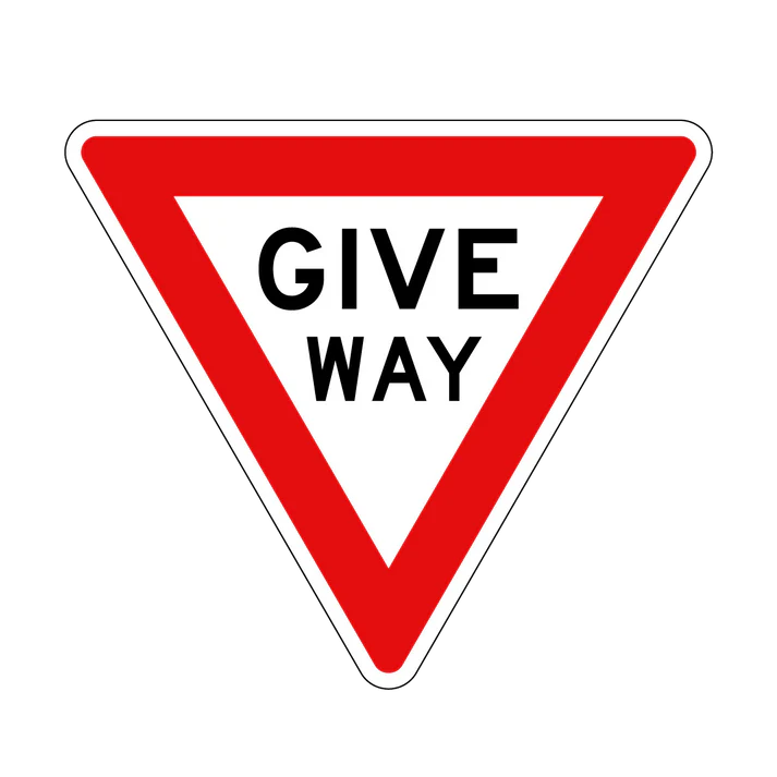 The R1-2 Give Way is a triangular NSW regulatory road sign with a red border and white center, marked "GIVE WAY" in bold black letters, designed to enhance road safety.