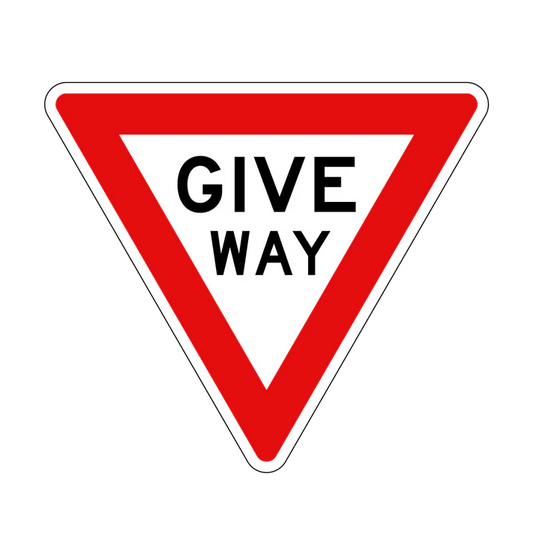 The R1-2 Give Way is a triangular NSW regulatory road sign with a red border and white center, marked "GIVE WAY" in bold black letters, designed to enhance road safety.