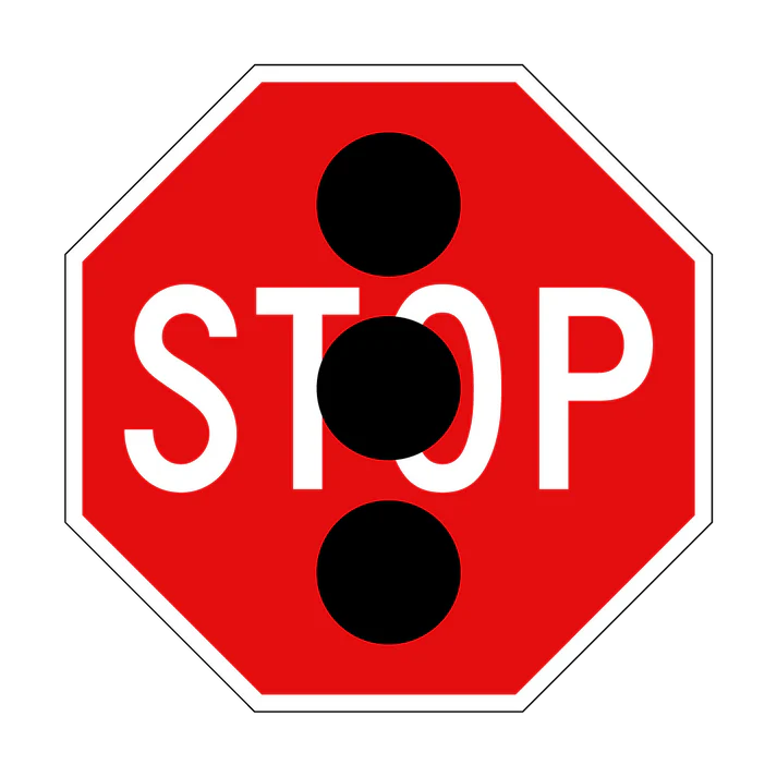The R1-4n Traffic Signal Stop sign is a red octagon made to NSW and Australian Standards, featuring "STOP" in white text with three large vertical black dots partially covering the letters for enhanced road safety.
