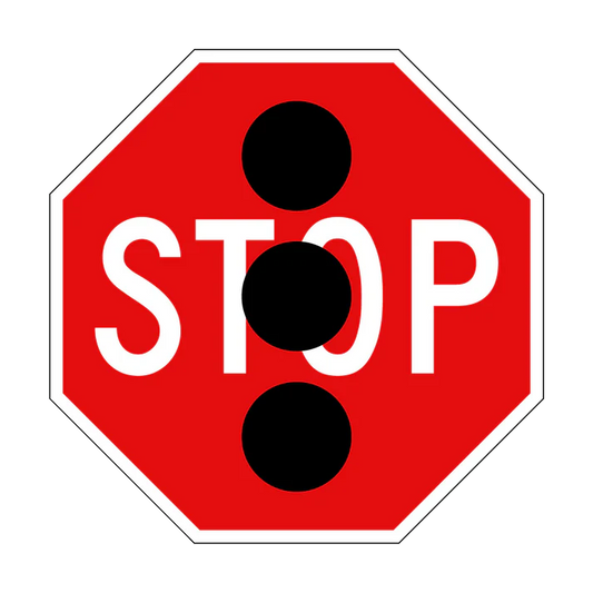 The R1-4n Traffic Signal Stop sign is a red octagon made to NSW and Australian Standards, featuring "STOP" in white text with three large vertical black dots partially covering the letters for enhanced road safety.