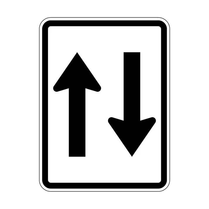 The R2-11 Two Way (Symbolic) sign is a rectangular NSW road sign with a black upward arrow on the left and a black downward arrow on the right, set on a white background with a black border, indicating two-way traffic.