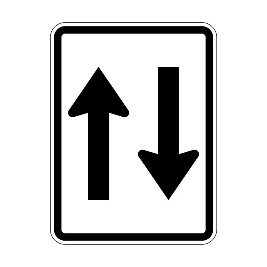 The R2-11 Two Way (Symbolic) sign is a rectangular NSW road sign with a black upward arrow on the left and a black downward arrow on the right, set on a white background with a black border, indicating two-way traffic.