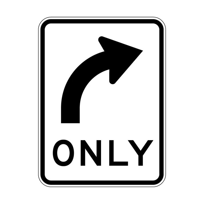 The R2-14(R) All Traffic (Right Symbolic) Only sign has a black curved right arrow above "ONLY" on white, indicating right turn only, compliant with Australian Standards for regulatory road signs.
