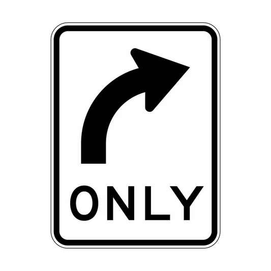 The R2-14(R) All Traffic (Right Symbolic) Only sign has a black curved right arrow above "ONLY" on white, indicating right turn only, compliant with Australian Standards for regulatory road signs.