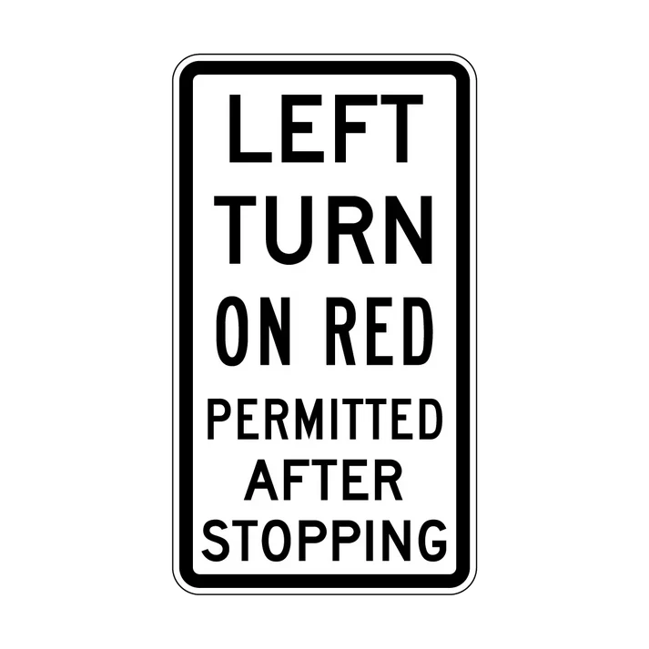 The R2-20 Left Turn On Red Permitted After Stopping sign is a rectangular NSW regulatory road sign with black text on a white background stating, "LEFT TURN ON RED PERMITTED AFTER STOPPING.