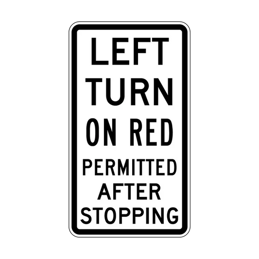 The R2-20 Left Turn On Red Permitted After Stopping sign is a rectangular NSW regulatory road sign with black text on a white background stating, "LEFT TURN ON RED PERMITTED AFTER STOPPING.