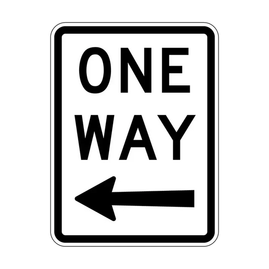 The R2-2(L) One Way (Arrow Left Symbolic) sign features "ONE WAY" in black capitals above a left-pointing black arrow on a white background with a black border, and is widely used in NSW to promote road safety as a regulatory sign.