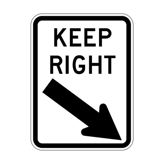 The R2-3(R) Keep Right (Angled Right Arrow Symbolic) sign is a rectangular NSW regulatory road sign with a white background, black border, "KEEP RIGHT" in bold black letters above an angled right arrow, compliant with Australian Standards.