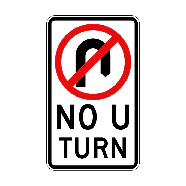 The R2-5n No U Turn sign features a black U-turn arrow crossed out by a red circle and slash, with "NO U TURN" in bold black letters below, compliant with Australian Standards for NSW road signs.