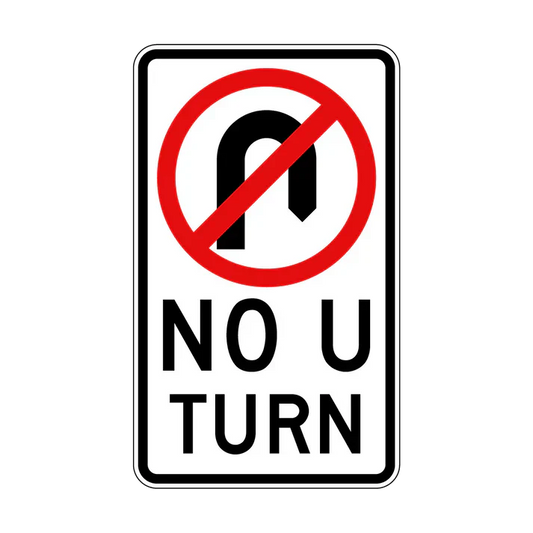 The R2-5n No U Turn sign features a black U-turn arrow crossed out by a red circle and slash, with "NO U TURN" in bold black letters below, compliant with Australian Standards for NSW road signs.