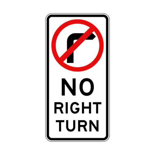 The R2-6n(R) No Right Turn sign, built to Australian Standards, displays a black right-turn arrow crossed by a red circle and line above "NO RIGHT TURN" in black on a white background.
